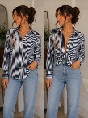Velvet Heart Navy and White Striped Shirt embroidered/ boho / whimsical / preppy